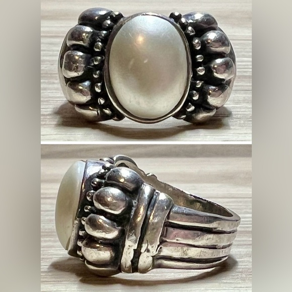 Jewelry - Vintage Native American Sterling Silver Pebbled Pearl Cabochon Ring, Size 8